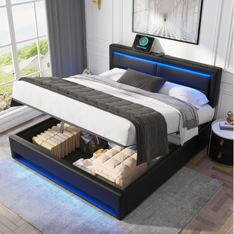 MEUBLIV Lit 140x200 cm noir – avec USB, LED et rangement intégré, sans matelas (1/5)