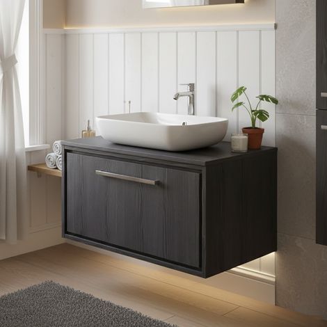 Hudson Reed Lille Wall Hung 1-Drawer Vanity Unit with Worktop 800mm Wide - Graphite Grey Woodgrain
