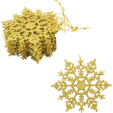 Copos de nieve dorados brillantes (10 cm) - Árbol de Navidad Copos de nieve para fiestas y ocasiones especiales, paquete de 12 (1/5)