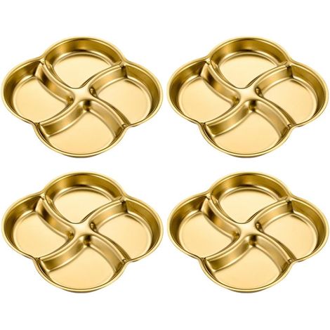 Set van 4 sausbakjes – Roestvrijstalen sausbakjes met vakjes – Koreaanse gouden sausplateau met 4 vakjes – Sausplateau voor kruiden en sauzen – Geschikt voor barbecue, azijn, kruiden, zout, suiker en (1/5)