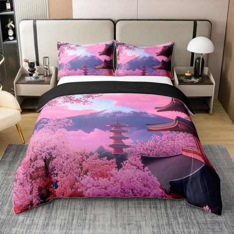 Bettwäsche-Set 135x200 cm Baumwolle, Kirschblüten & Fuji Motiv, Japanischer Stil
