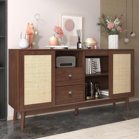 Anrichte aus MDF und Spanplatte in dunkler Holzoptik, 155 x 38 x 80 cm, mit 3 Rattan-Schiebetüren und 2 Schubladen (1/5)
