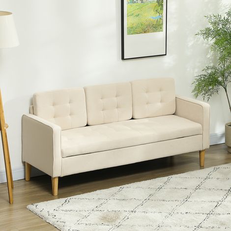 Divano a 3 posti in flanella bianco neve, divano moderno con vano contenitore nascosto, schienale trapuntato, 166,5 x 62 x 82 cm, crema