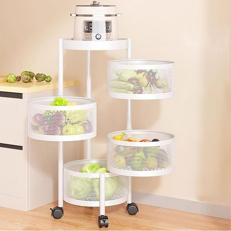 Étagère de cuisine rotative multifonctionnelle, support de sol à plusieurs niveaux pour fruits et légumes, panier de rangement pour collations et autres aliments. (1/4)