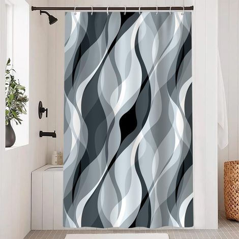 1 Rideau Douche, 120x200cm, Polyester Imperméable, Gris Bleu Rayé, Avec 8 Crochets, Pour Salle de Bain