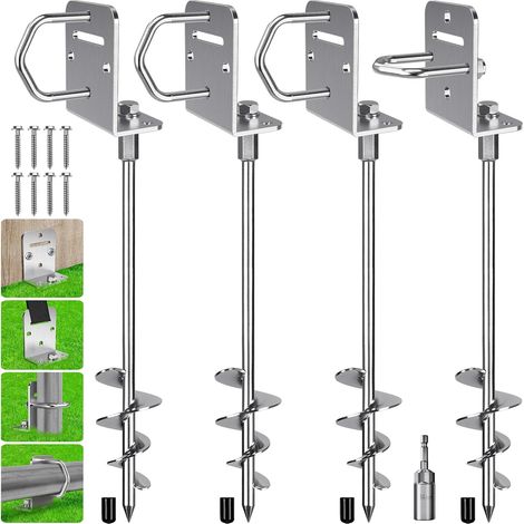 Ancrage au Sol, 80cm Heavy Duty Trampoline Anchor à Visser kit Ancrage Balancoire 4pcs Spirale 7.2cm pour Structure d'escalade/Abri Voiture/Clôture avec Plaque Fixe et Anneau, Base en L (1/5)