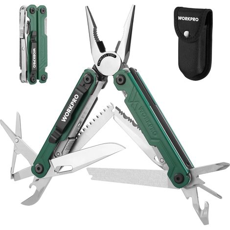 Workpro – Pince multifonction 18 en 1 en acier inoxydable – Outil de poche pour extérieur, camping, randonnée – Sac de transport inclus – Longueur 160 mm