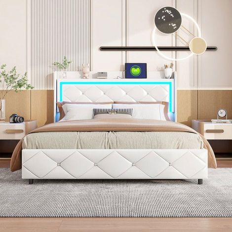 Cama Cofre Doble 140x200 - Iluminación RGB - Almacenamiento 200L+ - Amortiguador Neumático - Blanco PU Moderno