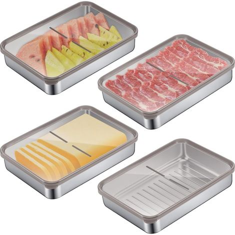 Boîte De Conservation Alimentaire - Acier Inoxydable 304 - Couvercle Transparent Étanche - Organiseur Réfrigérateur - Pour Fromage Charcuterie Viande - Lot De 4 (1/5)