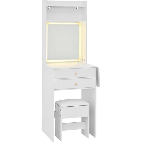 Tocador pequeño blanco con iluminación LED regulable, 1 taburete, 2 cajones y mesa abatible (1/5)