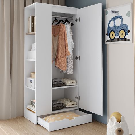Schmaler Kleiderschrank mit Schubladen und Einlegeböden, eintüriger Wäscheschrank für Schlafzimmer, Holz und MDF, 70x40x170 cm, Weiß (1/5)