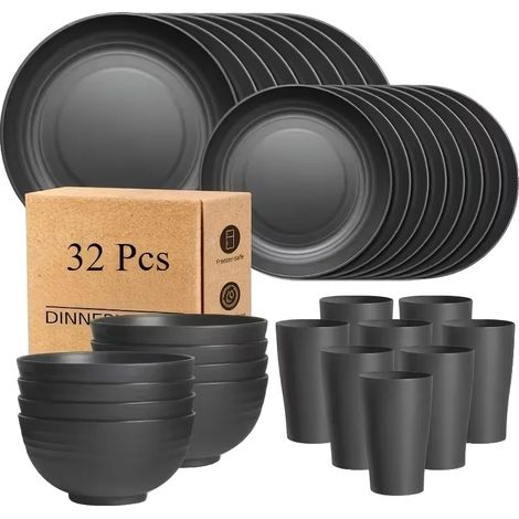 Juego de vajilla de plástico, platos llanos, cuencos, 32 piezas - negro (1/2)