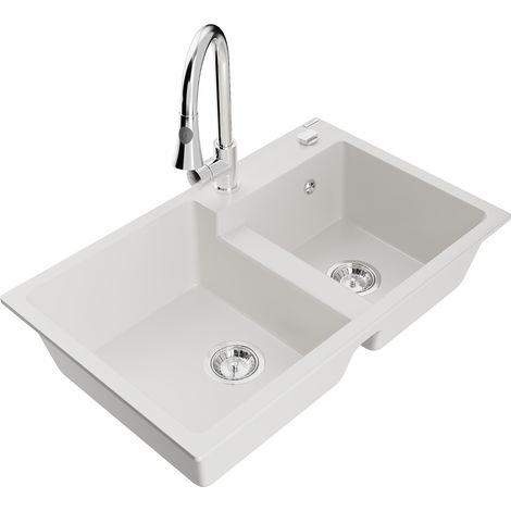 Mexen Tomas fregadero de granito de 2 senos con grifo de cocina Elia, blanco - 6516-20-670101-00 (1/5)