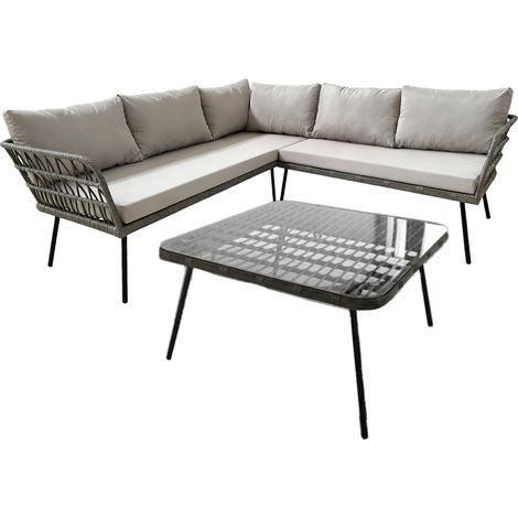 Gartenlounge RATTANIA Rattan grau 5-Sitzer mit Kissen und Tisch