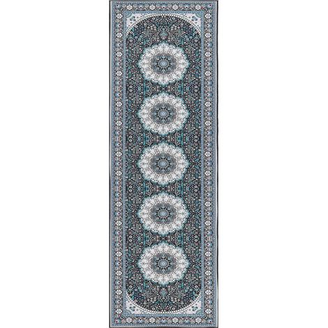 Tappeto da corridoio con motivo orientale 80 x 240 cm Tappeto da pavimento antiscivolo Blu Gediz