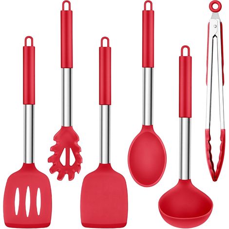 Lot de 6 Ustensiles de cuisine, Silicone résistant chaleur 230°C, Poignée acier inoxydable, Anti-rayures, Cuisine quotidienne