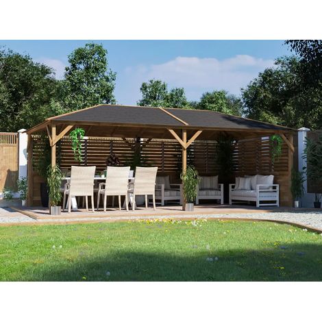 Dunster House Wooden Gazebo Kit Louvre Wall 6m x 3m Garden Shelter Roof Shingles Utopia (1/5)