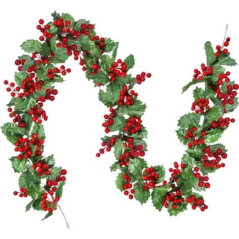 Weihnachtsgirlande mit roten Beeren und Stechpalmenblättern, 175cm künstlich
