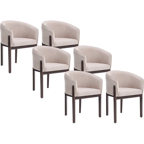 Lot de 6 chaises en tissu texturé et bois d'hévéa naturel foncé - Beige - LYLABA (1/5)