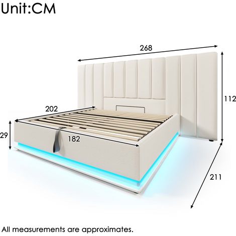 Lit double rembourré 180x200 cm PU blanc,LED contrôlable par appli,USB-C,cadre à lattes,sans table de chevet,livré avec matelas