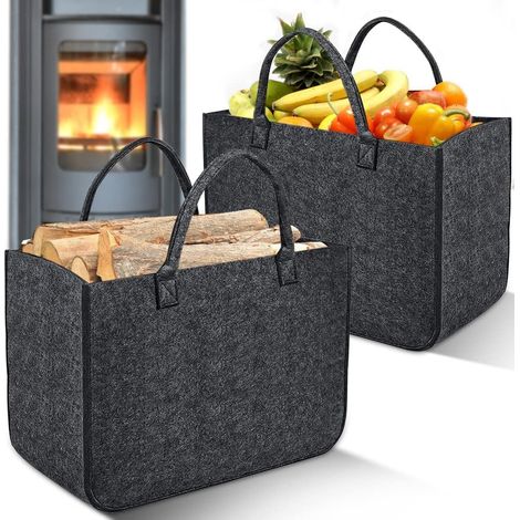 2 Pièces Sac à Bûches en Feutre, Grand Capacité Pliable Panier en Feutre avec Poignée de Transport pour Bois de Cheminée, Jouets, Vêtements, Shopping (50 x 30 x 35 cm, Noir) (1/5)