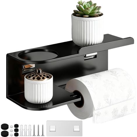 Porte Papier Toilette, Support Papier Toilette Mural avec Étagère sans Perçage Porte Rouleau Papiers Toilettes Auto-Adhésif en Acier Inoxydable pour Toilettes, Salle de Bain et Cuisines (Noir) (1/5)