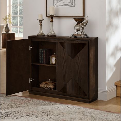 Buffet marron à portes rainurées en V, meuble de rangement avec passe-câbles (1/5)