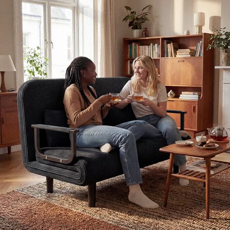 Fabulcozy Canapé-lit Convertible 2 Places, Revêtement en Velours Côtelé avec 2 Coussins, Dossier Réglable (5 positions), 190 cm x 120 cm, Noir
