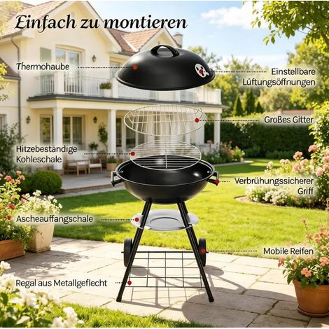 Grill à charbon rond robuste avec couvercle et surface de cuisson 42 cm pour barbecue en extérieur (1/5)