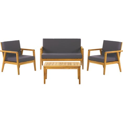 Conjunto de jardín 4 plazas con mesa de madera de acacia gris oscuro cojines grises sofá con butacas mesa de centro Pallano