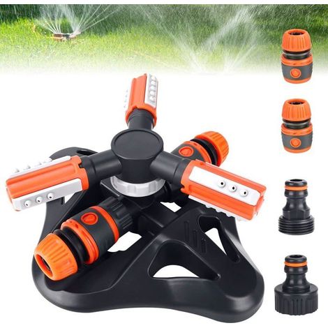 360° drehbarer Gartenregner mit 3 Armen, für Bewässerungssysteme, in Orange.