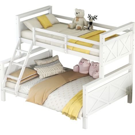 Litera de madera blanca con escalera inclinada y barandillas de seguridad, convertible en 2 camas separadas, para dormitorio infantil y juvenil  CHICFURN (1/5)