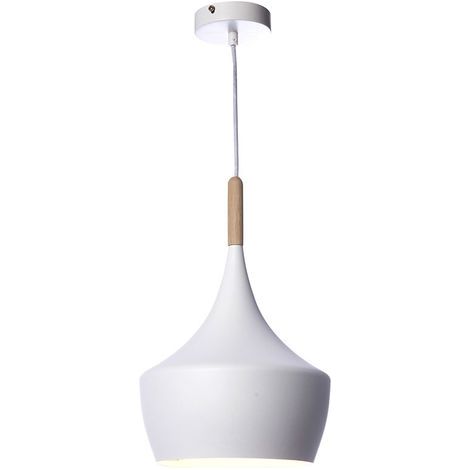 Suspension métal blanc avec finition bois clair, diamètre 24 cm, design contemporain JAVA. (1/3)