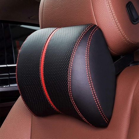 Housse de coussin de soutien lombaire et d'appui-tête pour voiture en PU (noir-rouge) (1/5)