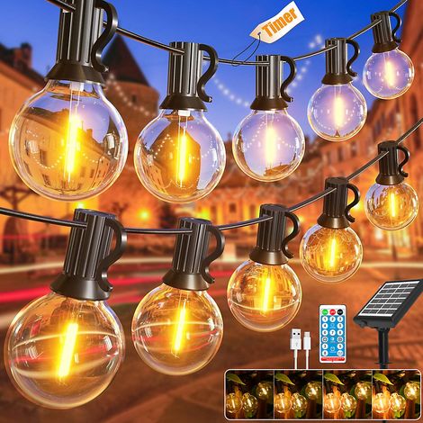 Guirlande lumineuse solaire d&aposextérieur de 7 m, rechargeable, avec télécommande, 10 ampoules LED G40, étanche IP44, lot de 2 (1/5)
