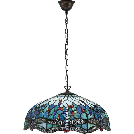 Interiors Dragonfly Blue - Grand plafond suspendu à 3 ampoules, bronze, bleu, verre tiffany libellule, E27 (1/4)