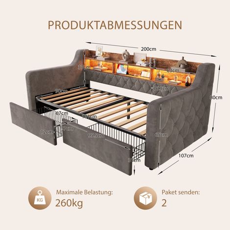 Cama tapizada con almacenamiento de 90x190 cm, cama de terciopelo con LED, USB y Tipo-C, cabecero con estante, 2 cajones, somier de láminas, cama individual tapizada para dormitorio, habitación juveni (1/5)