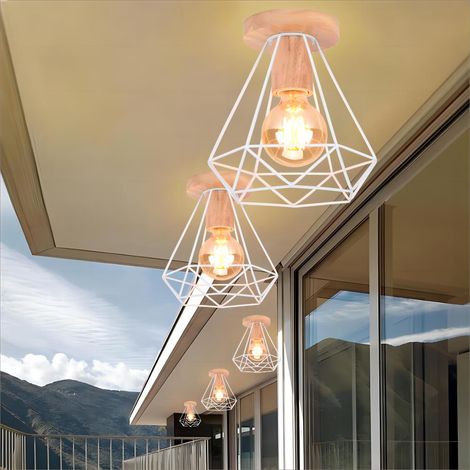 2 Pack Retro Diamond Ceiling Light Industrial Metal and Wood Cage E27 40W Ceiling Lamp for Corridor Stairs Bedroom Entrance White (1/5)