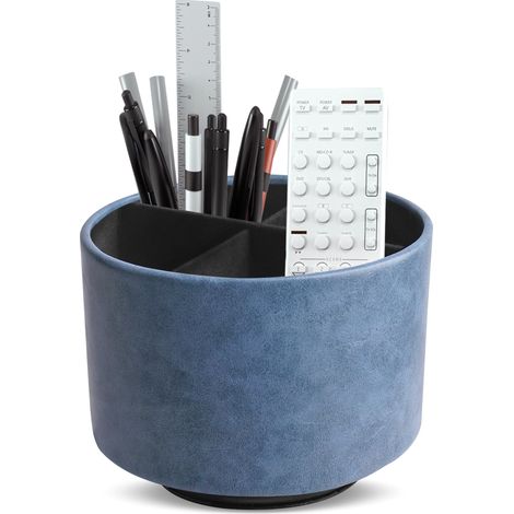 Porte-stylo rond en cuir, rotatif à 360°, pour table de chevet, télécommande TV, organiseur de bureau pour stylos, fournitures de bureau, boîte de rangement (1 huile gris-bleu) (1/5)
