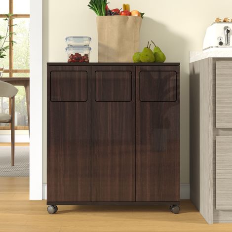 Meuble de tri sélectif 3 bacs, meuble de cuisine sur roulettes, noyer brillant, 69,3x35x80,3cm (1/5)