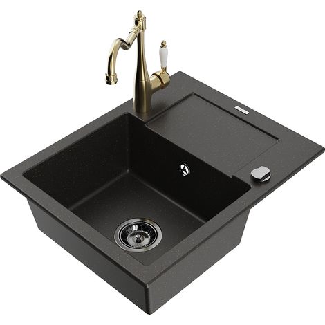 Mexen Enzo lavello in granito a 1 vasca con gocciolatoio e rubinetto da cucina Carla, nero/oro metallizzato (1/5)