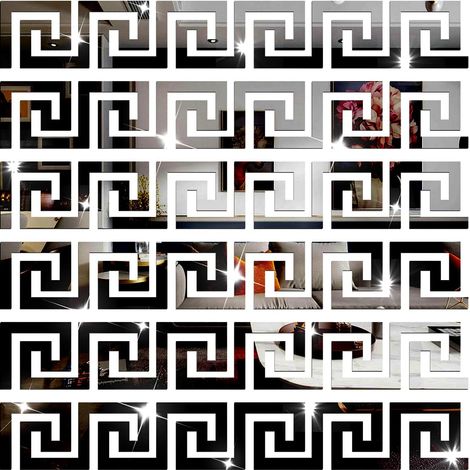 30 Stück geometrische griechische Schlüssel-Spiegel-Wandaufkleber zum Selbermachen, Acryl-Spiegelfliesen-Wandaufkleber für Wohnzimmer- und Schlafzimmerdekoration (Schwarz)
