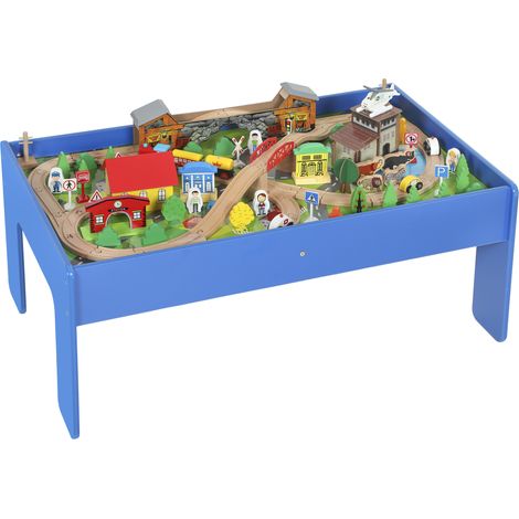 Table de jeu, circuit de train en bois de 108 pièces, plateau amovible, 98 x 60,5 x 40 cm, bleue