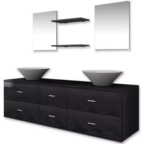 Meuble de salle de bain 9 pièces bois laqué noir Val (1/5)