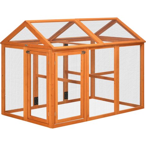 Poulailler en bois, cage à poules, enclos grillagé, 140 x 88,5 x 106 cm, orange