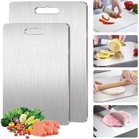 2 Pièces Planche à Découper en Titane, 316 Planche de à Decouper en Acier Inoxydable, Titan Cutting Board Double Face pour Fruits, Viande, Fromage et Légumes (34  23 cm+25  15 cm) (1/5)