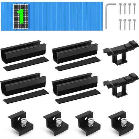 Kit de Montage PV pour 1 Module,Support de Panneau Solaire, Rail Noir de 12 CM,Clips de Drainage d'eau 30 MM, Pince Réglable pour Modules de 30 à 35 mm d'épaisseur- Pour toit plat,trapézoïdal (1/5)