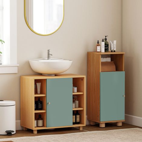 Meuble sous lavabo, meuble de salle de bain avec 6 étagères ouvertes et porte à fermeture amortie 60 x 33 x 57 cm, vert