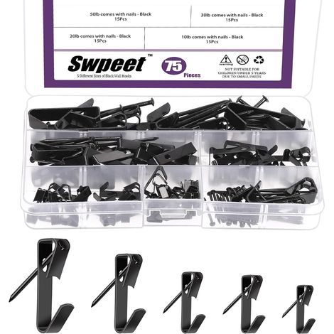 Sweet Lot de 75 cintres noirs de 5 tailles kilogramme avec kit d'assortiment de clous, crochets de suspension en métal, crochets robustes pour cadres photo (1/5)