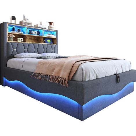 Lit coffre 140x200 cm avec LED APP, port USB, rangement hydraulique, sommier métal, revêtement tissu gris, pour chambre moderne et gain de place - CHICFURN (1/5)